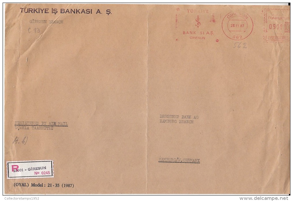 3369FM- AMOUNT 900, GIRESUN, BANK ADVERTISING, RED MACHINE STAMPS ON REGISTERED COVER FRAGMENT, 1987, TURKEY - Lettres & Documents