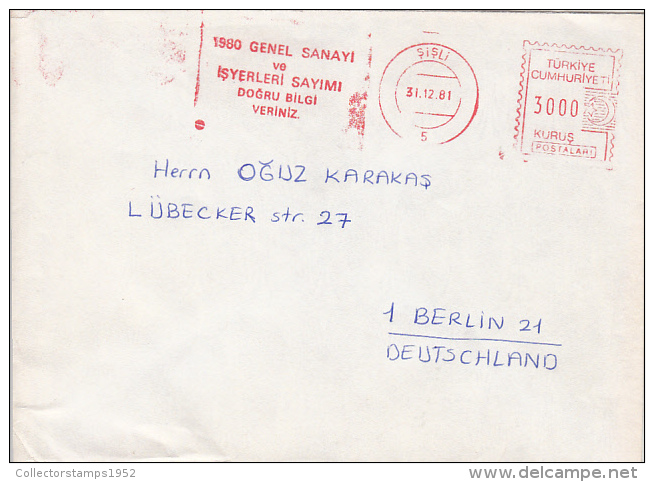 35635- AMOUNT 3000, SISLI, ADVERTISING, RED MACHINE STAMPS ON COVER, 1981, TURKEY - Storia Postale