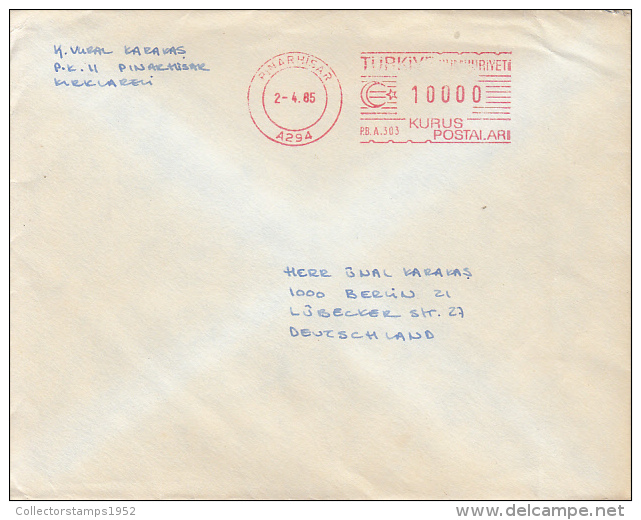 35642- AMOUNT 10000, PINARHISAR, RED MACHINE STAMPS ON COVER, 1985, TURKEY - Covers & Documents