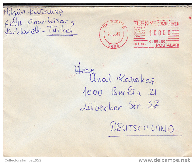 35646- AMOUNT 10000, PINARHISAR, RED MACHINE STAMPS ON COVER, 1985, TURKEY - Lettres & Documents