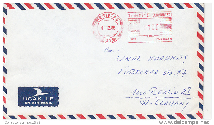 35653- AMOUNT 100, BESIKTAS, RED MACHINE STAMPS ON COVER, 1986, TURKEY - Lettres & Documents