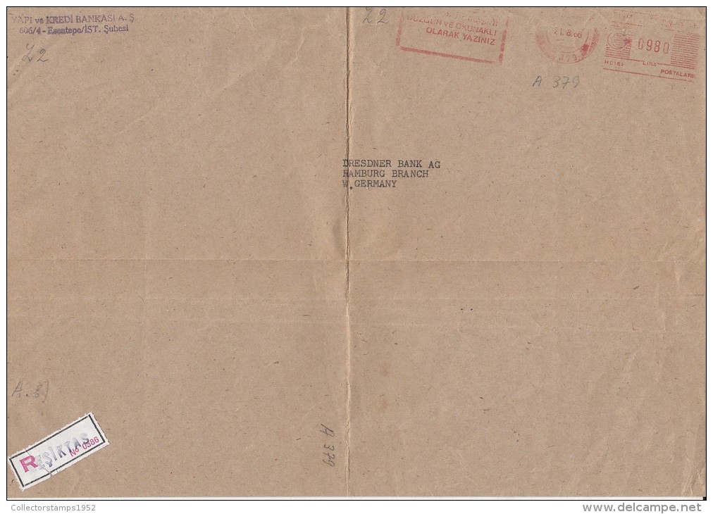 35655- AMOUNT 980, ESENTEPE, ADVERTISING, RED MACHINE STAMPS ON REGISTERED COVER FRAGMENT, 1986, TURKEY - Briefe U. Dokumente