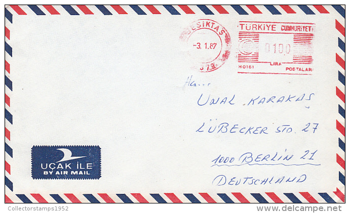 35656- AMOUNT 100, BESIKTAS, RED MACHINE STAMPS ON COVER, 1987, TURKEY - Briefe U. Dokumente