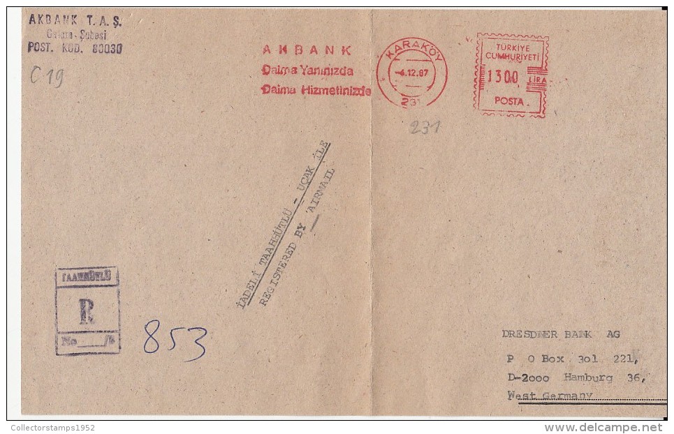 35657- AMOUNT 1300, KARAKOY, ADVERTISING, RED MACHINE STAMPS ON REGISTERED COVER FRAGMENT, 1987, TURKEY - Lettres & Documents