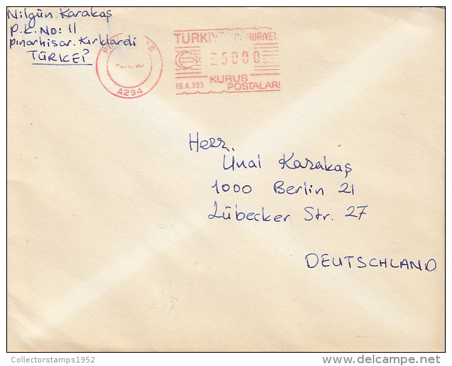 35658- AMOUNT 5000, PINARHISAR, RED MACHINE STAMPS ON COVER, 1986, TURKEY - Covers & Documents