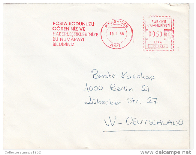 35659- AMOUNT 50, PINARHISAR, ADVERTISING, RED MACHINE STAMPS ON COVER, 1988, TURKEY - Covers & Documents