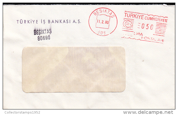 35660- AMOUNT 50, BESIKTAS, RED MACHINE STAMPS ON COVER, 1988, TURKEY - Cartas & Documentos