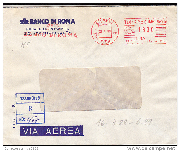 35662- AMOUNT 1800, SIRKECI, ADVERTISING, RED MACHINE STAMPS ON COVER, 1989, TURKEY - Covers & Documents