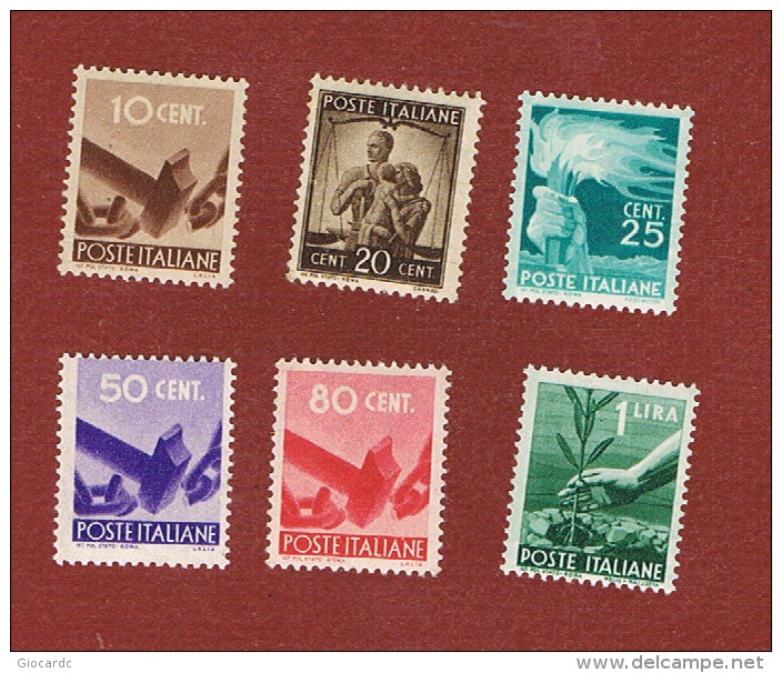 ITALIA REPUBBLICA -  UNIF. 543.565 - 1946  DEMOCRATICA: 6 VALORI DELLA SERIE   - NUOVI ** (MINT) - 1946-60: Mint/hinged