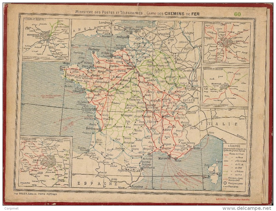 ALMANACH Des POSTES Et Des TÈLÈGRAPHES - 1934 -Carte Des CHEMINS De FER De FRANCE - Carte Du Departement Du NORD- 29 X22 - Grand Format : 1921-40