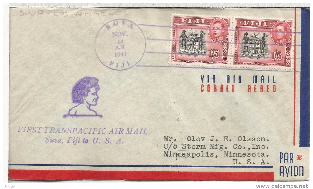 FIJI SUVA CC PRIMER VUELO TRANSPACIFIC AIR MAIL 1941 AL DORSO LLEGADA - Fiji (...-1970)