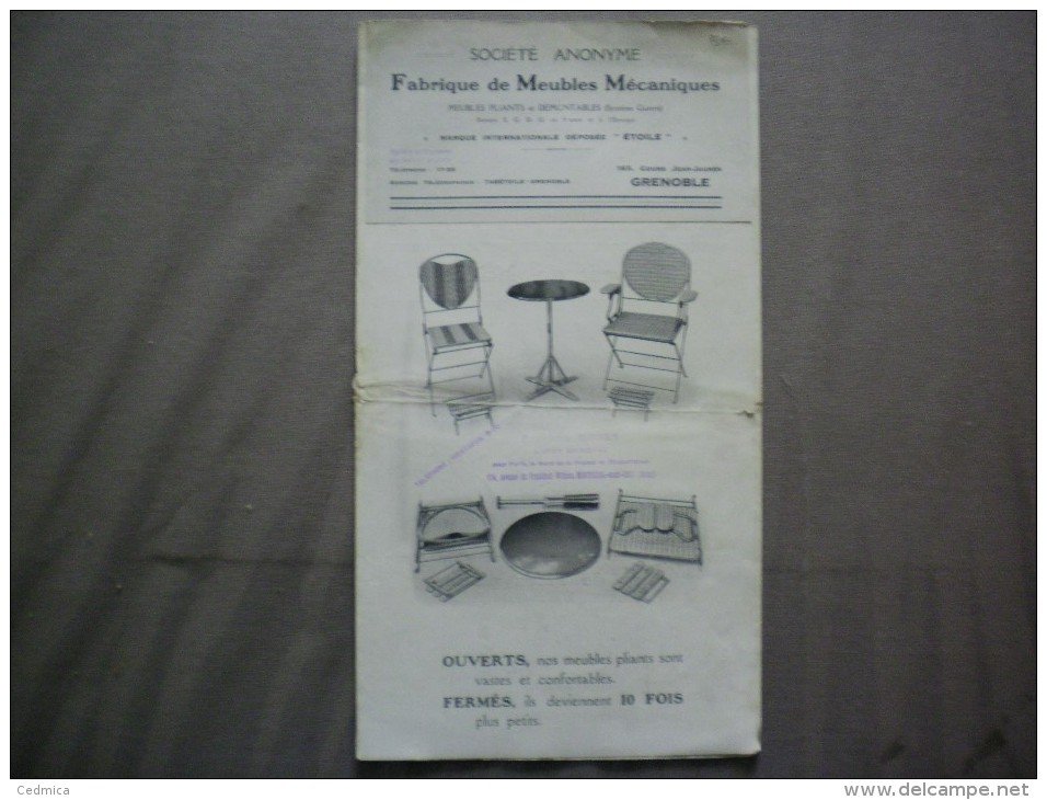 GRENOBLE SOCIETE ANONYME FABRIQUE DE MEUBLES MECANIQUES PLIANTS ET DEMONTABLES "ETOILE" 165 COURS JEAN JAURES DEPLIANT P - Advertising