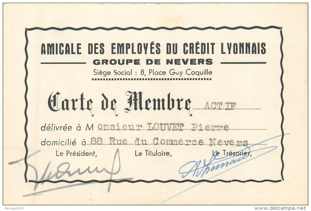 58 NEVERS  Carte De Membre Amicale Des Employés Du Crédit Lyonnais - Non Classés
