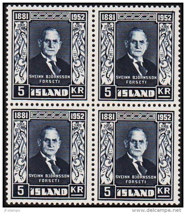 1952. Sveinn Björnsson. 5 Kr. 4-Block. (Michel: 283) - JF191817 - Used Stamps