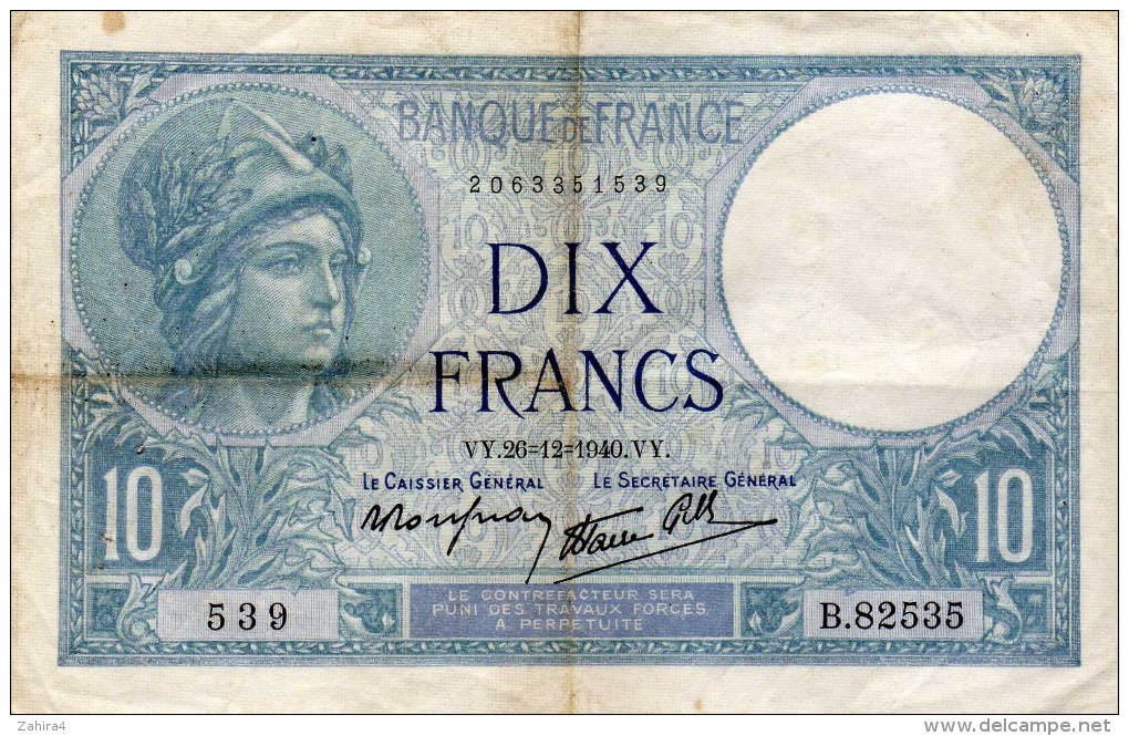 Banque De France  - Dix Francs  - VY. 26=12=1940.VY. - 10 F 1916-1942 ''Minerve''