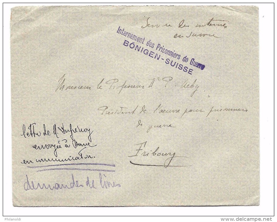 Suisse 1916 Griffe Internement Des Prisonniers De Guerre BÖNIGEN - SUISSE . Lettre En Franchise Militaire - Cartas & Documentos