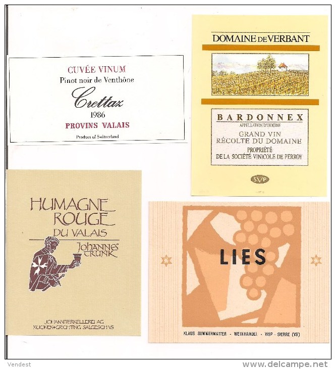 Etiquettes Vin De SUISSE Valais: Pinot Noir 1986 Crettaz, Bardonnex Verbant, Humagne Rouge Et Lies Weinhandel - - Autres & Non Classés