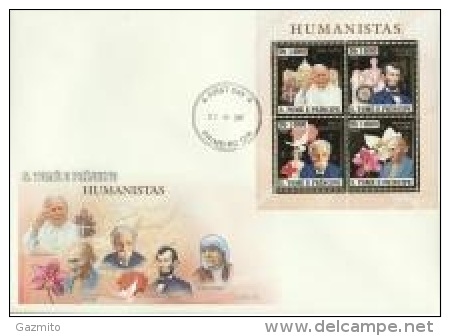 S. Tomè 2007, Schweitzer, Pope J. Paul II, Lincoln, Rotary, Gandhi, Orchid, Red Cross, 4val In BF GOLD In FDC - Albert Schweitzer