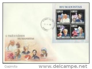 S. Tomè 2007, Schweitzer, Pope J. Paul II, Lincoln, Rotary, Gandhi, Orchid, Red Cross, 4val In BF SILVER In FDC - Albert Schweitzer