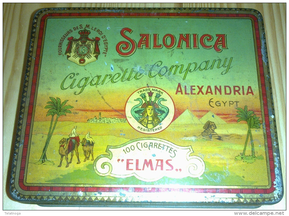 Empty Cigarette Tin SALONICA ELMAS For 100 Cigarettes - Egypt 1920 - Schnupftabakdosen (leer)