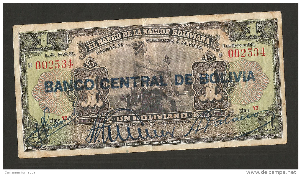 BOLIVIA - El BANCO De La NACION BOLIVIANA - 1 BOLIVIANO (1911) With Overprint "BANCO CENTRAL De BOLIVIA" - Bolivien