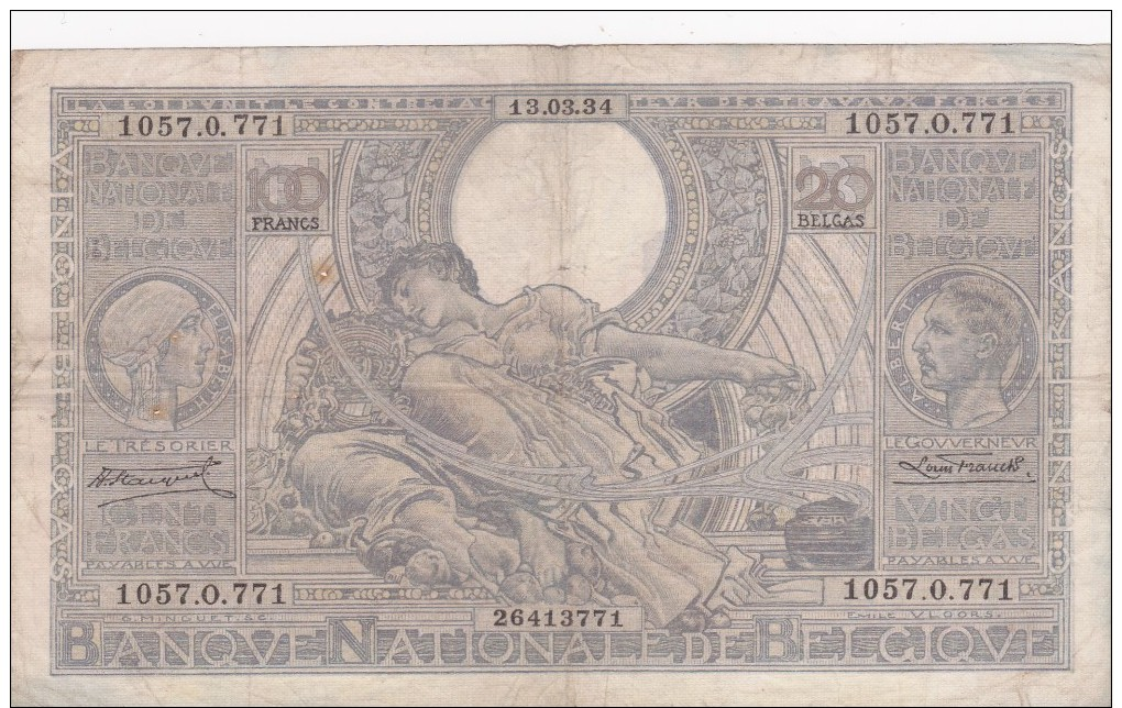 Banque Nationale De  BELGIQUE   20 BELGAS  1934. - 100 Francs & 100 Francs-20 Belgas