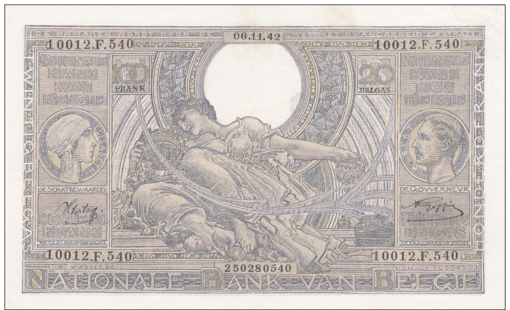 Banque Nationale De  BELGIQUE   20 BELGAS  1942. - 100 Francs & 100 Francs-20 Belgas