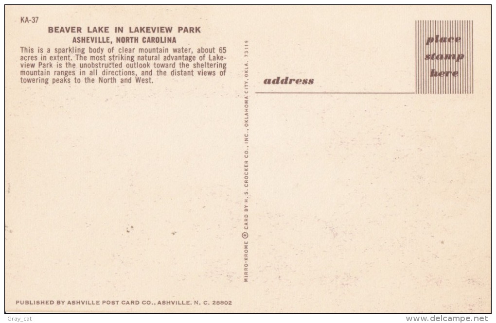 USA, Beaver Lake In Lakeview Park, Asheville, North Carolina, Unused Postcard [16410] - Asheville