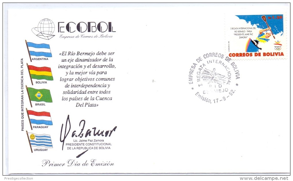 BOLIVIA FDC ECOBOL   REGATA INTERNACIONAL 1992   (G16202) - Kanu