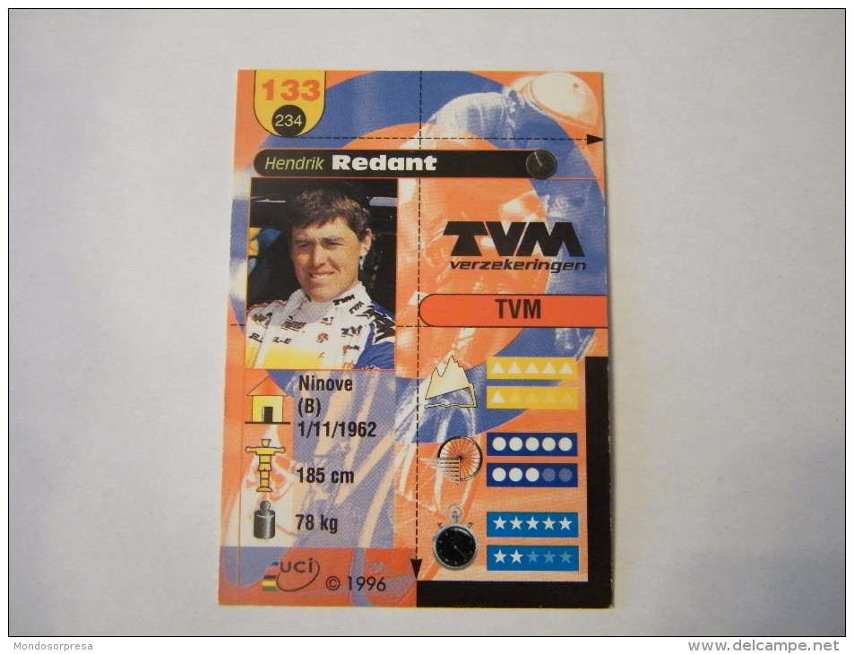 FIGURINA TIPO CARDS MERLIN ULTIMATE, CICLISMO, 1996,  CARD´S N° 133 HENDRIK REDANT - Ciclismo