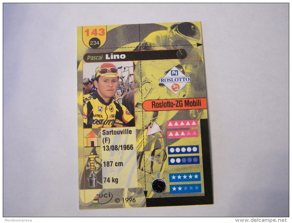 FIGURINA TIPO CARDS MERLIN ULTIMATE, CICLISMO, 1996,  CARD´S N° 143 PASCAL LINO - Ciclismo