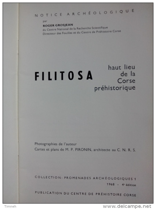 FILITOSA Roger GROSJEAN Haut Lieu De La Corse Préhistorique 1968 Promenades Archéologiques 4e édition - Corse
