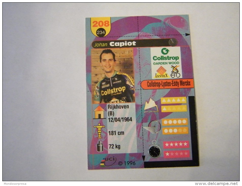 FIGURINA TIPO CARDS MERLIN ULTIMATE, CICLISMO, 1996,  CARD´S N° 208 JOHAN CAPIOT - Ciclismo