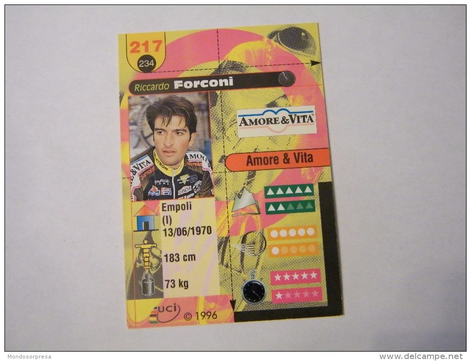 FIGURINA TIPO CARDS MERLIN ULTIMATE, CICLISMO, 1996,  CARD´S N° 217 RICARDO FORCONI - Ciclismo