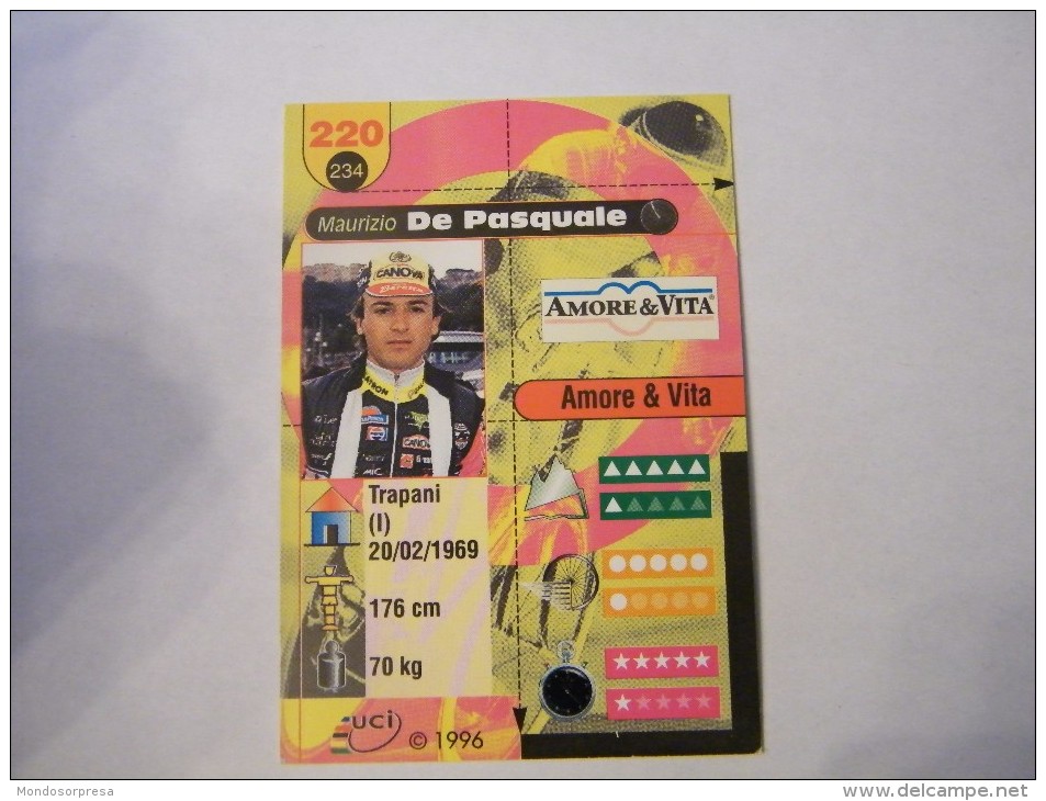 FIGURINA TIPO CARDS MERLIN ULTIMATE, CICLISMO, 1996,  CARD´S N° 220 MAURIZIO DE PASQUALE - Ciclismo