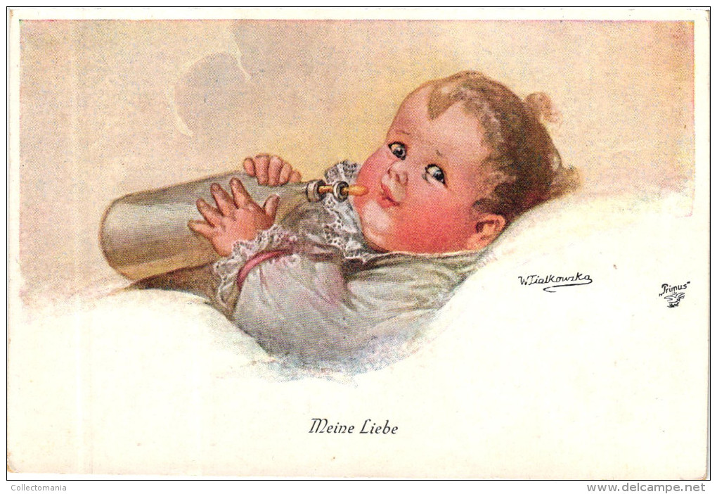 4 Postcards Wally Fialkowska Artist Signed & Numbered Baby With Feeding Bottle  Biberon Ich Kan Es Nicht Erwarten Serie - Fialkowska, Wally