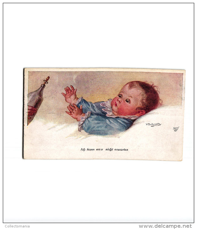 4 Postcards Wally Fialkowska Artist Signed & Numbered Baby With Feeding Bottle  Biberon Ich Kan Es Nicht Erwarten Serie - Fialkowska, Wally