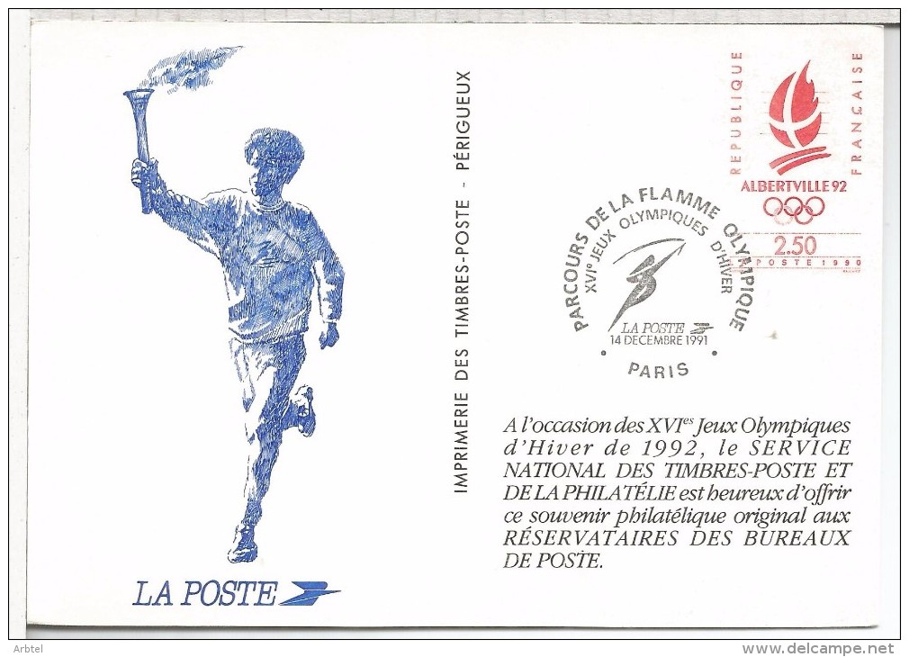 FRANCIA ENTERO POSTAL PARIS 1991 JUEGOS OLIMPICOS DE INVIERNO ALBERTVILLE 92 ANTORCHA - Invierno 1992: Albertville