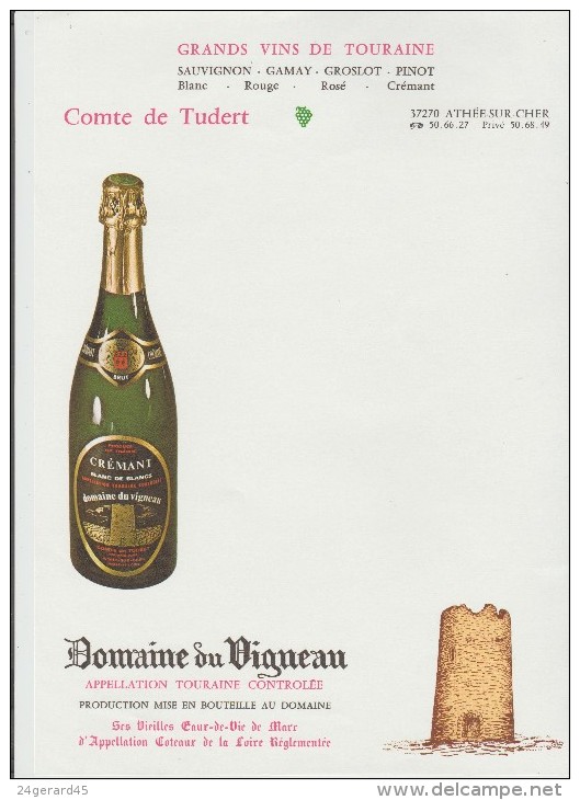 2 MENUS VIERGE AVEC PUBLICITE - Domaine Du Vigneau ATHEE SUR CHER (Indre Et Loire) - Menus