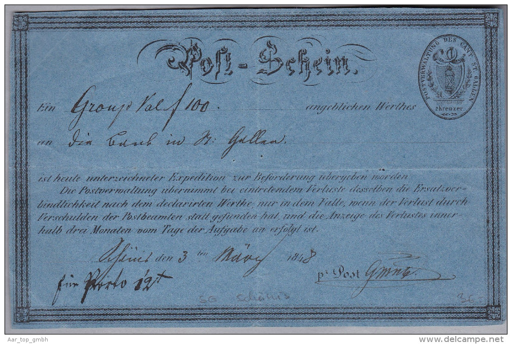 Heimat SG SCHÄNIS 1848-03-03 Postschein 2 Kreuzer Beleg - 1843-1852 Federale & Kantonnale Postzegels