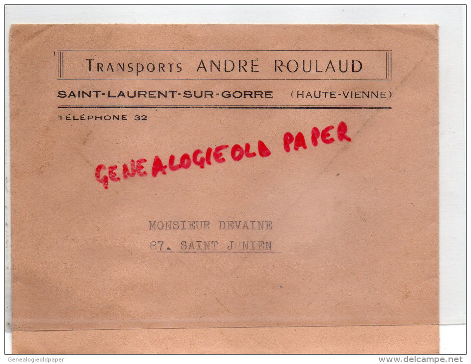 87 - ST SAINT LAURENT SUR GORRE - ENVELOPPE  TRANSPORTS ANDRE ROULAUD - 1966 - 1950 - ...