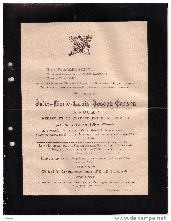 OSTENDE OOSTENDE Jules CARBON époux GODDYN Avocat Député Catholique BRUGGE Né En 1866 Doodsbrief - Obituary Notices