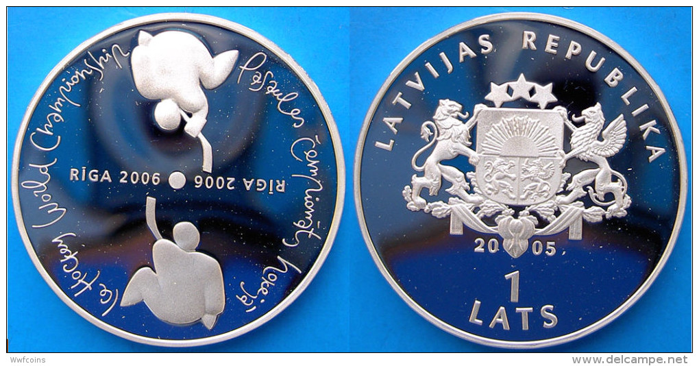LATVIA LETTONIA 1 L 2006 ARGENTO PROOF HOCKEY RIGA WORLD CAMPION. PESO 31,47g. TITOLO 0,925. CONSERVAZIONE FONDO SPECCHI - Lettonia