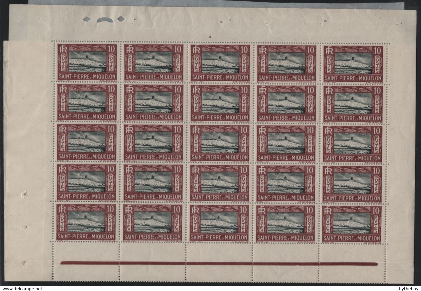 St Pierre Et Miquelon 1932-33 MNH Sc 140 Partial Sheet Of 50 10c Lighthouse And Fish - Blocs-feuillets