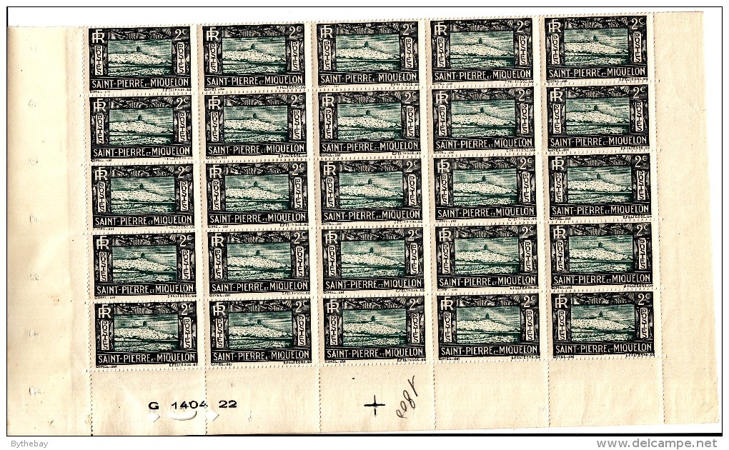 St Pierre Et Miquelon MNH Scott #137 Partial Sheet Of 25 2c Lighthouse And Fish - Blocs-feuillets