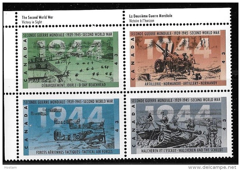 CANADA 1944  # 1540ai, HF  MNH, SECOND WORLD WAR---1944  UL Block    High Fluorescent - Blocks & Kleinbögen