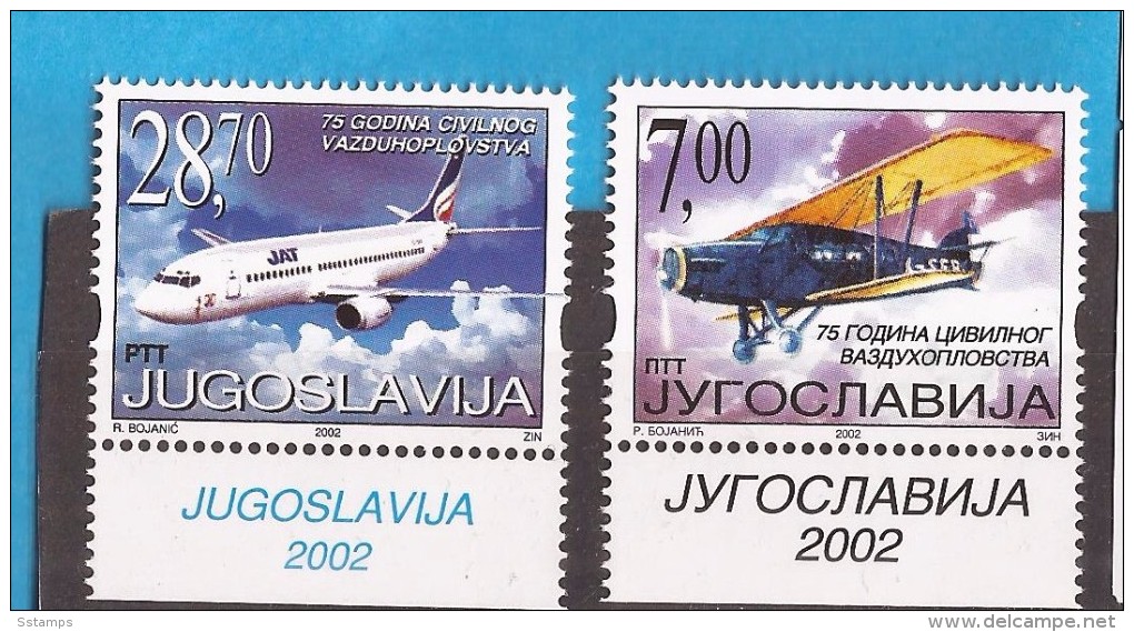 2002 3079-80  FLUGZEUG   SERBIA SRBIJA  JUGOSLAVIJA JUGOSLAWIEN 75 JAHRE ZIVILLUFTFAHRT  MNH - Otros & Sin Clasificación