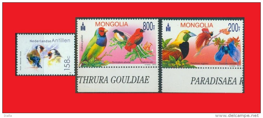 Antilles Hol. 2008 - Mongolie 2012, Goldfinch - Chardonneret / Gouldian Finch - Amandine / Tisserin - Red Bishop MNH ** - Pájaros Cantores (Passeri)