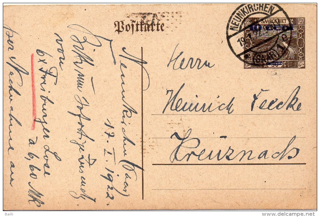 Sarre Entier Postal Neunkirchen 1922 - Interi Postali