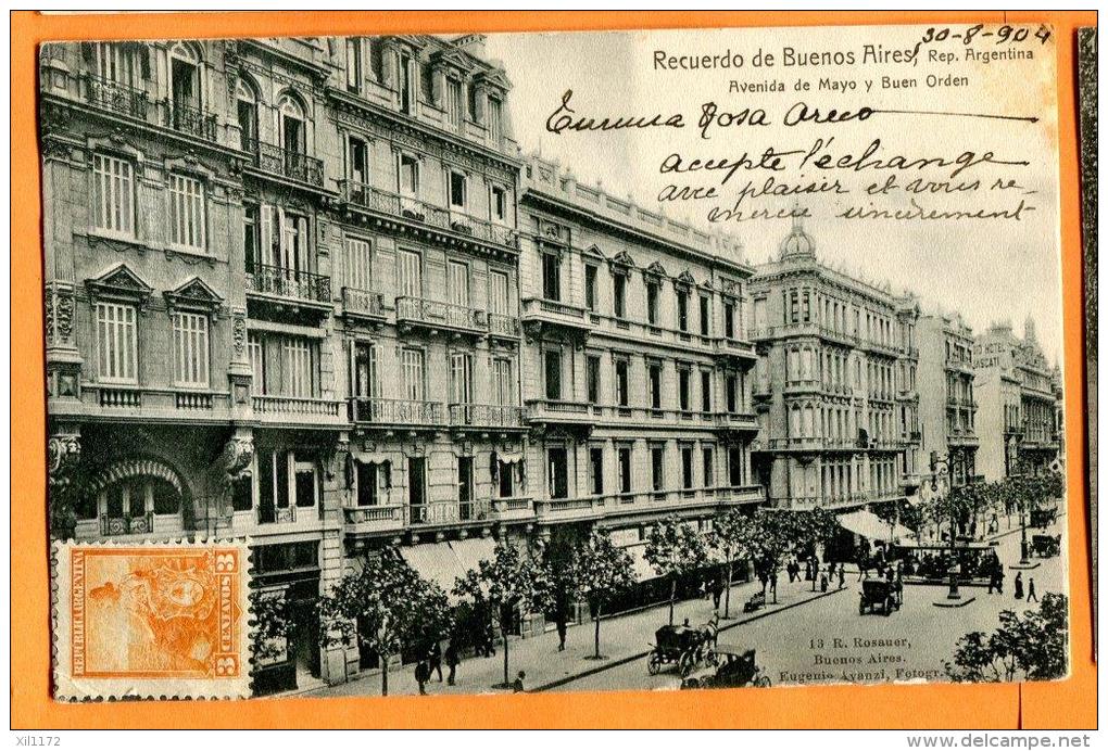 PBM-12 Recuerdo De Buenos Aires Avenida De Mayo Y Buen Orden . Précurseur. Cachet Frontal 1904 Pour La Suisse. - Argentine